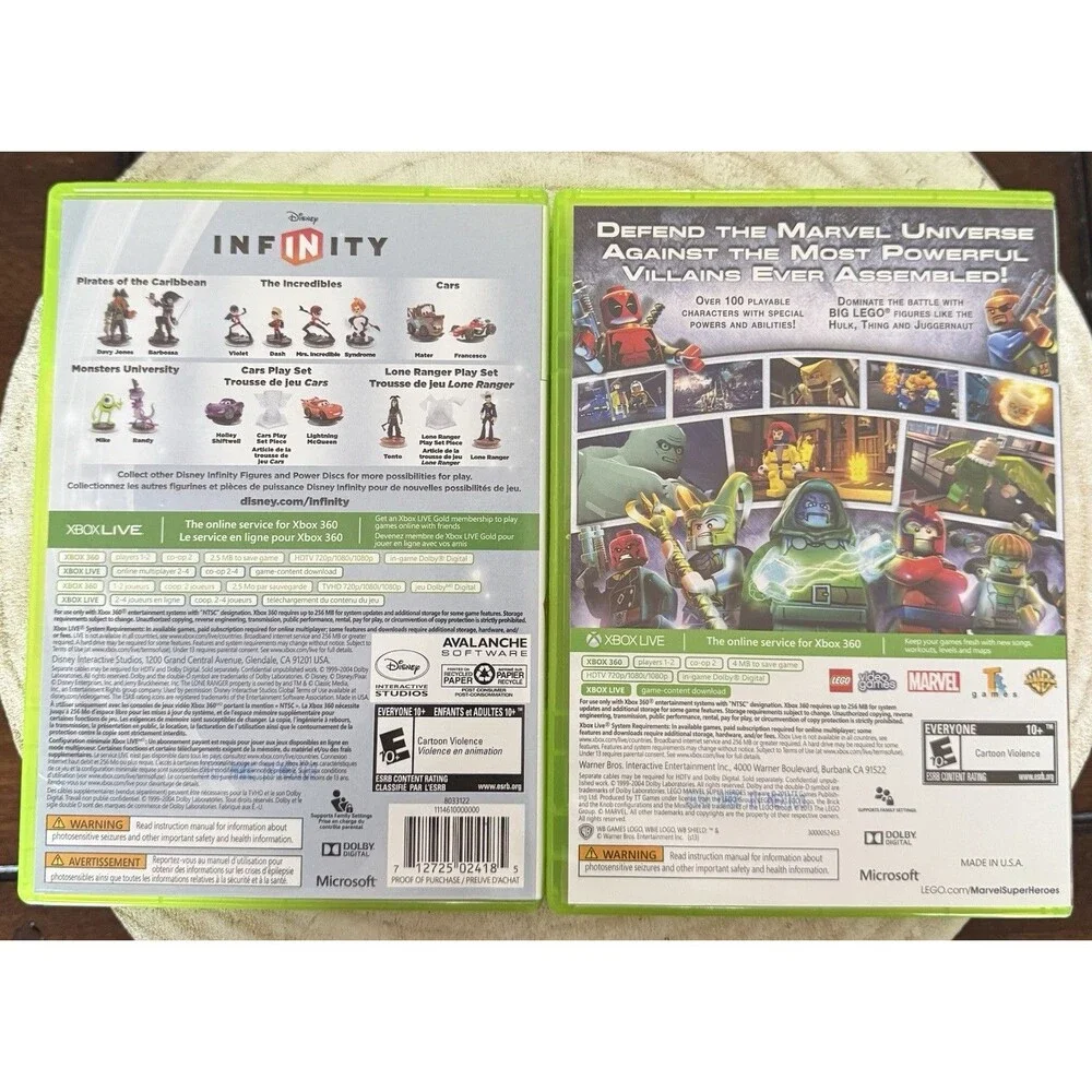Xbox 360 Disney Infinity And Lego Marvel Super Heroes 2 Game Bundle Lot Manuals